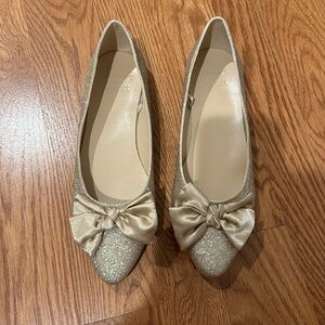 Girls Gold Sparkle Flats, with Bows - NEVER WORN